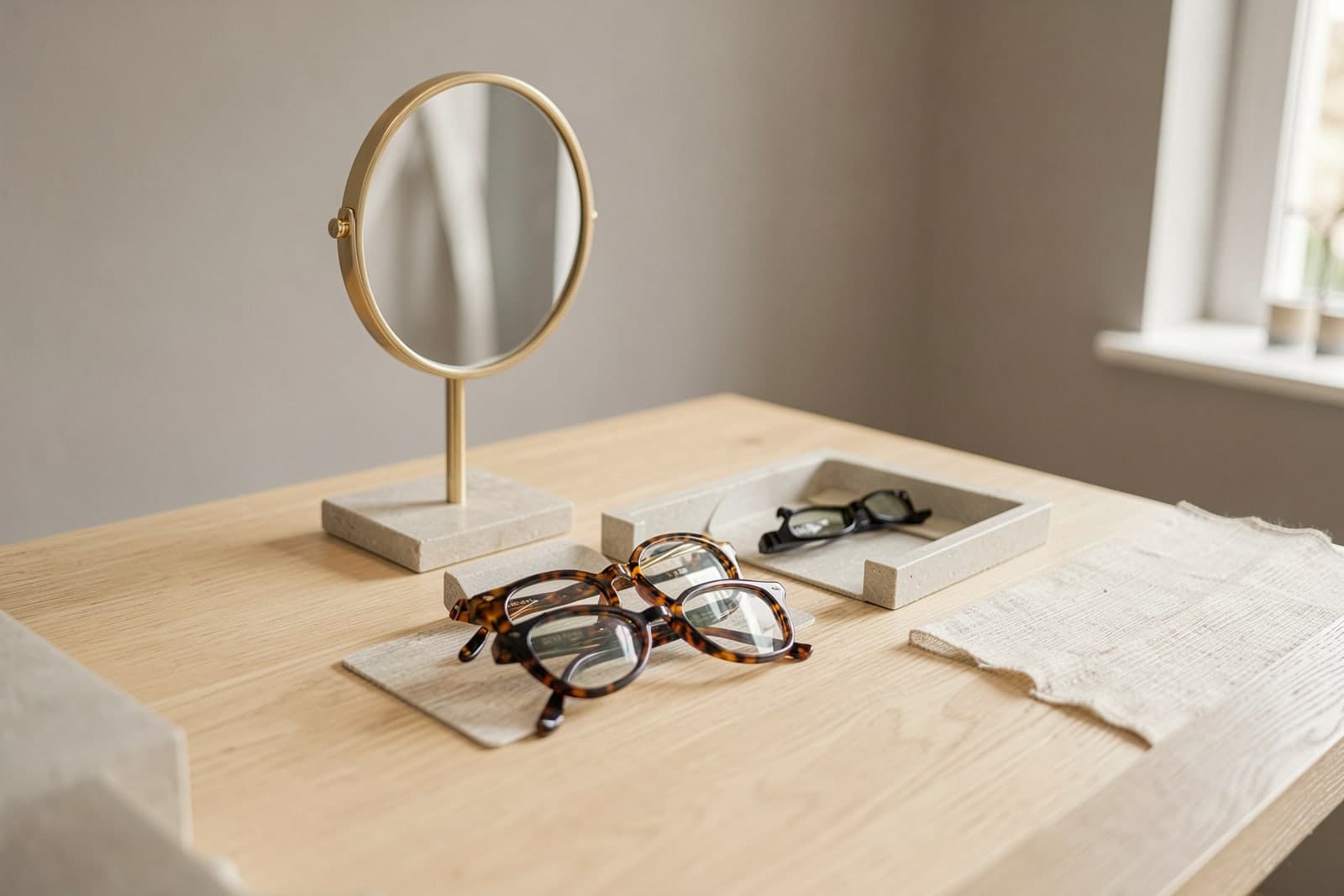 An optician's fitting table with a mirror and glasses
