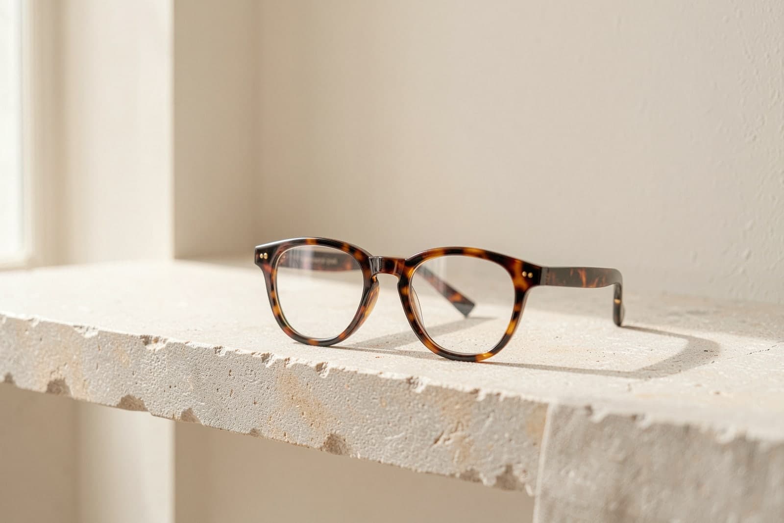 Tortoiseshell glasses resting on a stone ledge